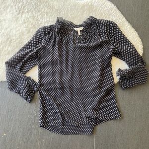 Rebecca Taylor navy blue sheer long sleeve white dot blouse